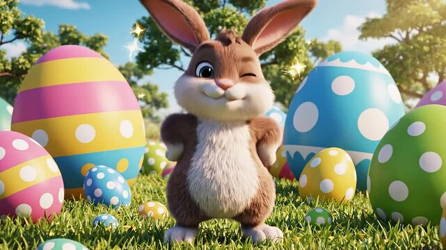 A cartoon bunny dancing among colorful Easter eggs in a sunny outdoor setting with a joyful atmosphere.