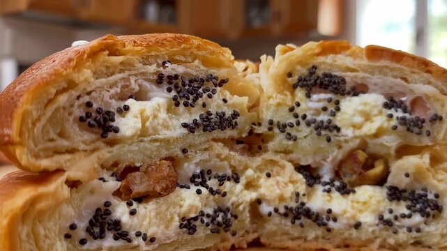 Close-up of cut, flaky, poppy seed pastry filled with cream cheese on kitchen counter