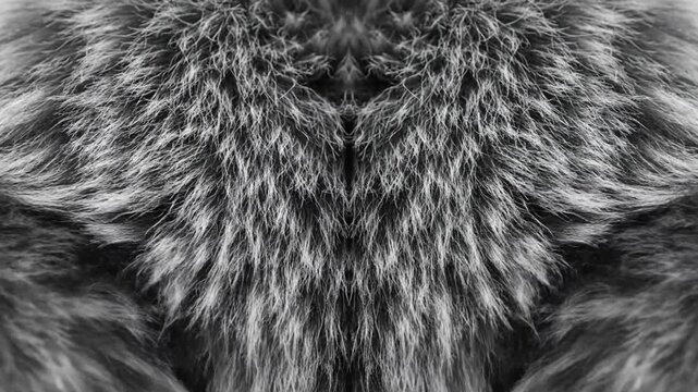 Mesmerizing symmetrical macro view of gray and white cat fur texture with gentle focus and subtle movement