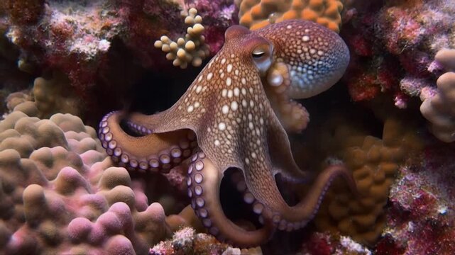 Colorful octopus crawling on vibrant coral reef with tentacles curled, surrounded by pink and orange sea anemones and other marine life underwater