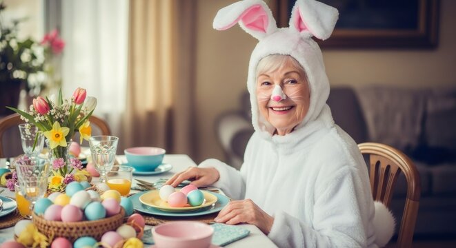 Happy senior caucasian woman in bunny costume smiling at Easter dinner table with colorful eggs and flowers. Family holiday celebration concept.