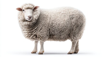 A fluffy white sheep stands facing forward against a clean white background