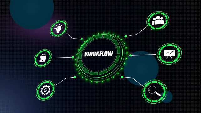 Workflow concept for business process automation and operational efficiency videos showing a blue hud interface with icons for strategic task flow