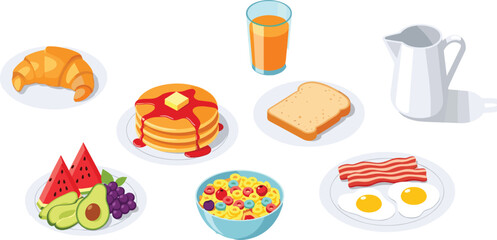 Breakfast food set with pancakes, croissant, eggs, bacon, cereal, fruit and juice, vector illustration isolated on white background