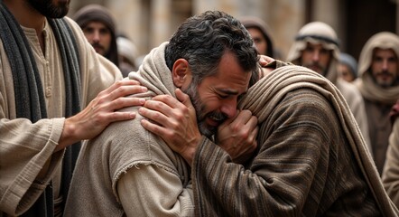 Fototapeta premium A tender moment of empathy, compassion, and support. Two men embracing each other, surrounded by onlookers. It conveys strength, understanding, and shared burdens