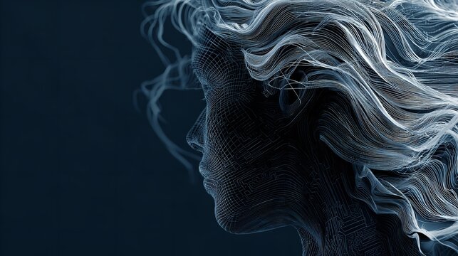 Digital profile of a human head rendered with blue wireframe lines