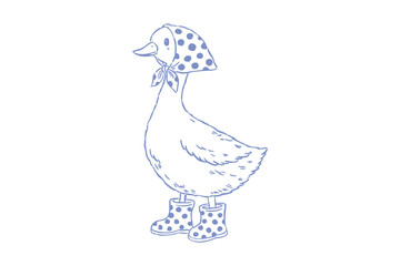 Spring goose charming line art illustration of a goose wearing a polka dot head scarf and matching rain boots © Lazy