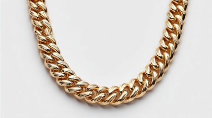 Obraz premium Close-up of a thick, polished gold curb chain necklace on a white background
