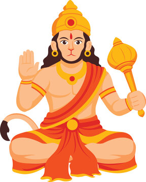 Lord Hanuman Sitting In Blessing Pose With Mace Vector Illustration