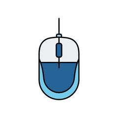 Obraz premium Blue and white computer mouse with scroll wheel on white background with black outline