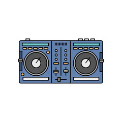 Blue DJ controller with two turntables and multiple buttons and sliders on white background music d