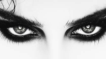 Fototapeta premium Striking monochrome close-up of a woman's eyes, intensely enhanced with dramatic dark eyeshadow, creating a bold and captivating visual statement of beauty.