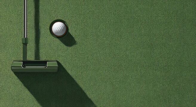 Golf ball near hole with club and shadow on green surface background