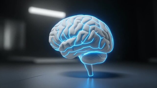 Glowing blue brain model emerging from a futuristic floor in a dark laboratory setting with blurred background lights