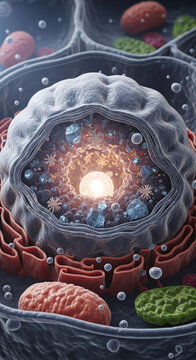 Close-up 3D rendering of a eukaryotic cell interior