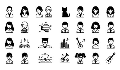 Fototapeta premium Minimal modern silhouette vector icon set of people, pets, places, and music