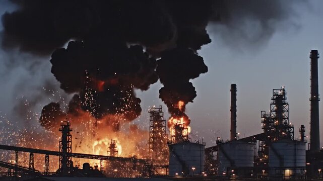 Industrial explosion at a factory with smoke and fire in the background at dusk, possibly used for disaster or emergency response themes