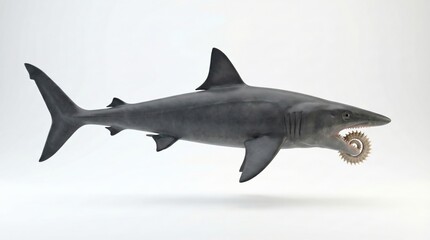 Obraz premium A detailed 3D render of a prehistoric Helicoprion shark with its distinctive spiral tooth whorl, isolated on a white background.