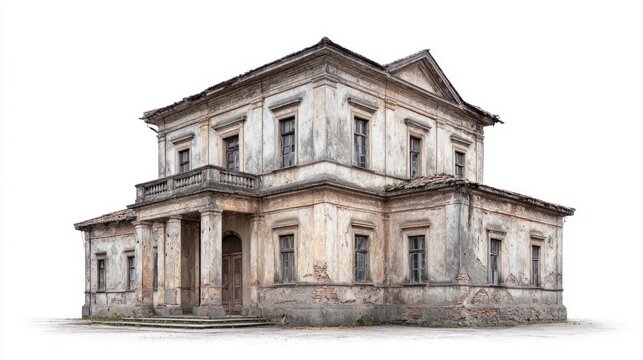 Dilapidated neoclassical mansion with peeling paint and broken windows stands abandoned