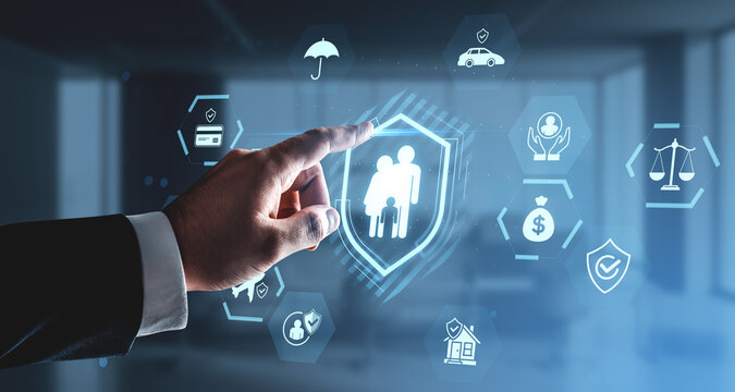 Hand touching digital family insurance icon with multiple protection symbols on modern blue background, concept of security and safety interface system.