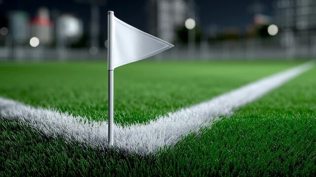White corner flag positioned on a green artificial turf soccer field, with clear white lines marking the boundary and blurred city buildings visible in the background at night