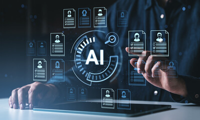 AI-based digital recruitment concept with futuristic interface and candidate profiles over abstract background.