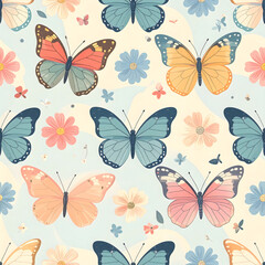 Fototapeta premium Seamless pattern of butterflies dancing among spring flowers, symbol of transformation