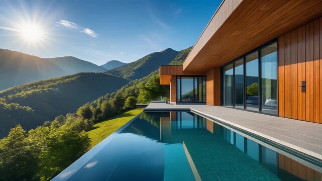 Modern home with infinity pool overlooking green mountain range on sunny day