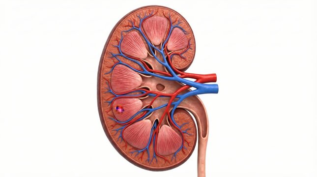 Detailed anatomical cross-section of a human kidney showing internal structures like cortex, medulla, renal artery, vein, and ureter.
