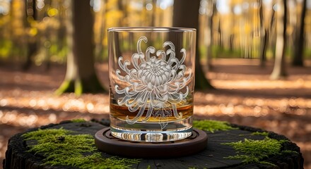 Elegant Whiskey Glass with Detailed Floral Engraving on a Mossy Tree Stump