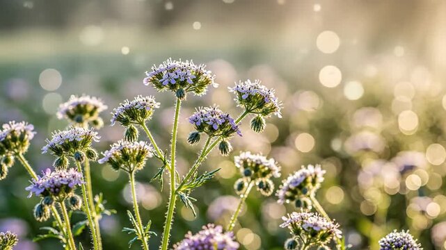 Purple flowers bloom in a field with sunset bokeh background for nature or floral design use