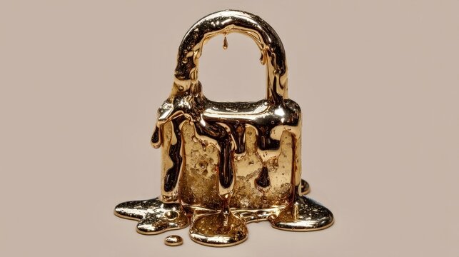 Unique gold padlock melting on surface creating artistic scene for creative or security themed projects and advertisements