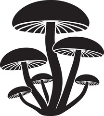 Black and white illustration of a group of mushrooms