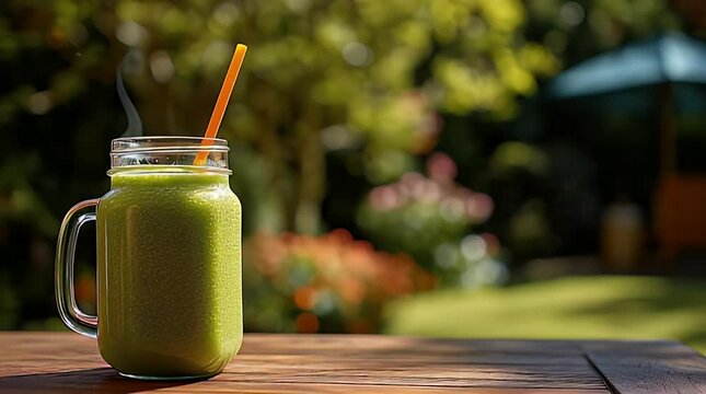 A refreshing green beverage sits in a clear glass mug with a straw, placed on a wooden table, with a blurred backyard background