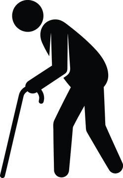Silhouette icon of elderly man with cane walking slowly due to old age and frailty