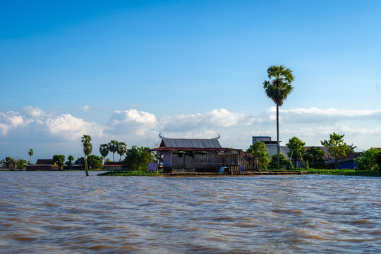 Traditional floating houses of Bujis fishermen on Lake Tempe, Indonesia
