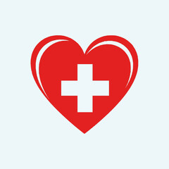 Obraz premium Vibrant red heart icon with a clear white cross symbolizing universal medical care, health support, and compassionate love within a healthcare context, representing vital services and wellbeing