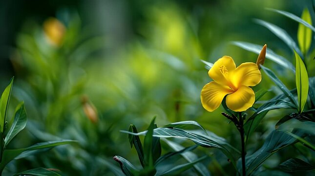 A vibrant yellow flower with delicate petals and a prominent stamen is showcased against a lush green backdrop, with leaves framing