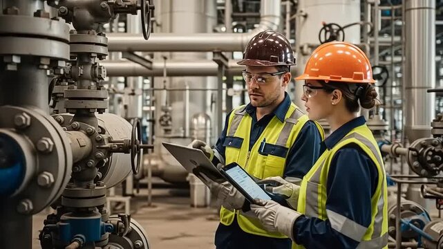 Industrial workers in hard hats inspecting equipment in a factory setting with technology