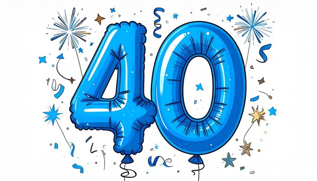 Blue cartoon style balloon shaped as number 40 with confetti on white background. Illustration for birthday or anniversary party