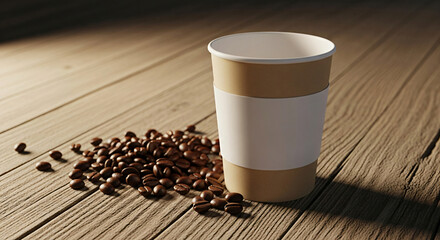 Coffee Cup and Beans on Wooden Table Ready to Serve