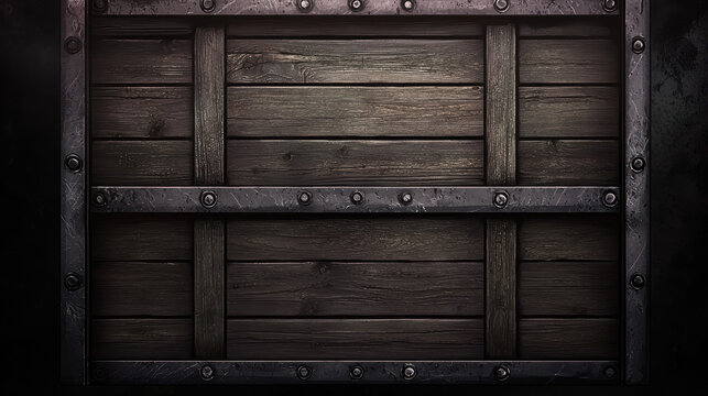 An aged wooden surface panel is fortified with riveted metal bands, offe a robust, textured backdrop of historical, industrial or fantasy and design.