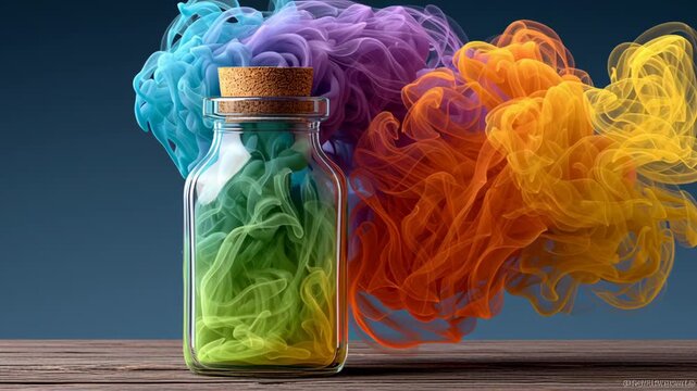 Colorful smoke swirls escape from a glass jar with a cork lid, showcasing vibrant hues of green, blue, purple, and orange against a dark background on a wooden surface