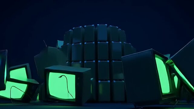 Retro technology screens with glowing green displays, a pile of old computers and monitors symbolizing the past era of digital media