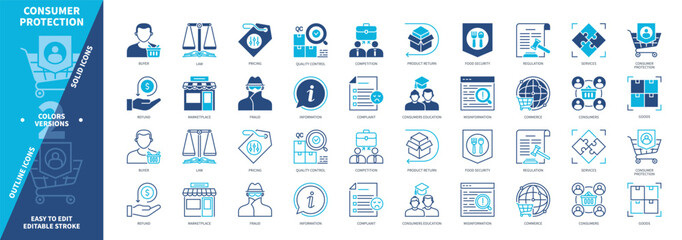 Consumer Protection icon set. Product return, Buyer, Complaint, Refund, Commerce, Fraud, Regulation, Law. Duotone color solid and editable outline icons