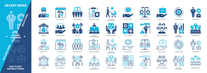 Decent Work icon set. Work Safety, Pension, Paid Vacation, Social Integration, Welfare, Workers Rights, Decent Salary, Employee Benefits. Duotone color solid and editable outline icons