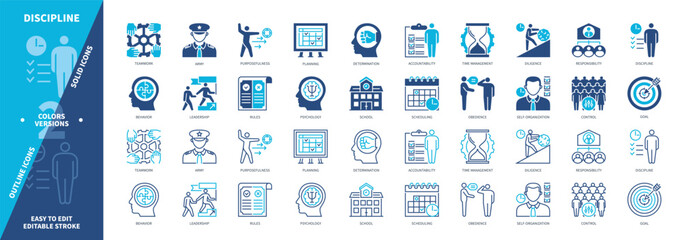 Discipline icon set. Rules, Purposefulness, Psychology, Determination, Planning, Control, Accountability, Scheduling. Duotone color solid and editable outline icons
