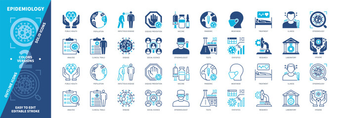 Epidemiology icon set. Wear Mask, Pandemic, Disease, Epidemiologist, Vaccine, Population, Illness, Treatment. Duotone color solid and editable outline icons