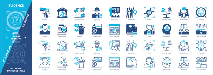 Evidence icon set. Criminal, Witness, Detective, Interrogation, Oath, Detective, DNA Test, Judge. Duotone color solid and editable outline icons