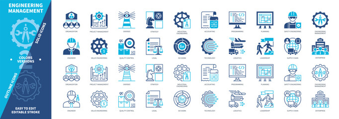 Engineering Management icon set. Engineer, Programming, Supply Chain, Quality Control, Accounting, Planning, Logistics, Six Sigma. Duotone color solid and editable outline icons